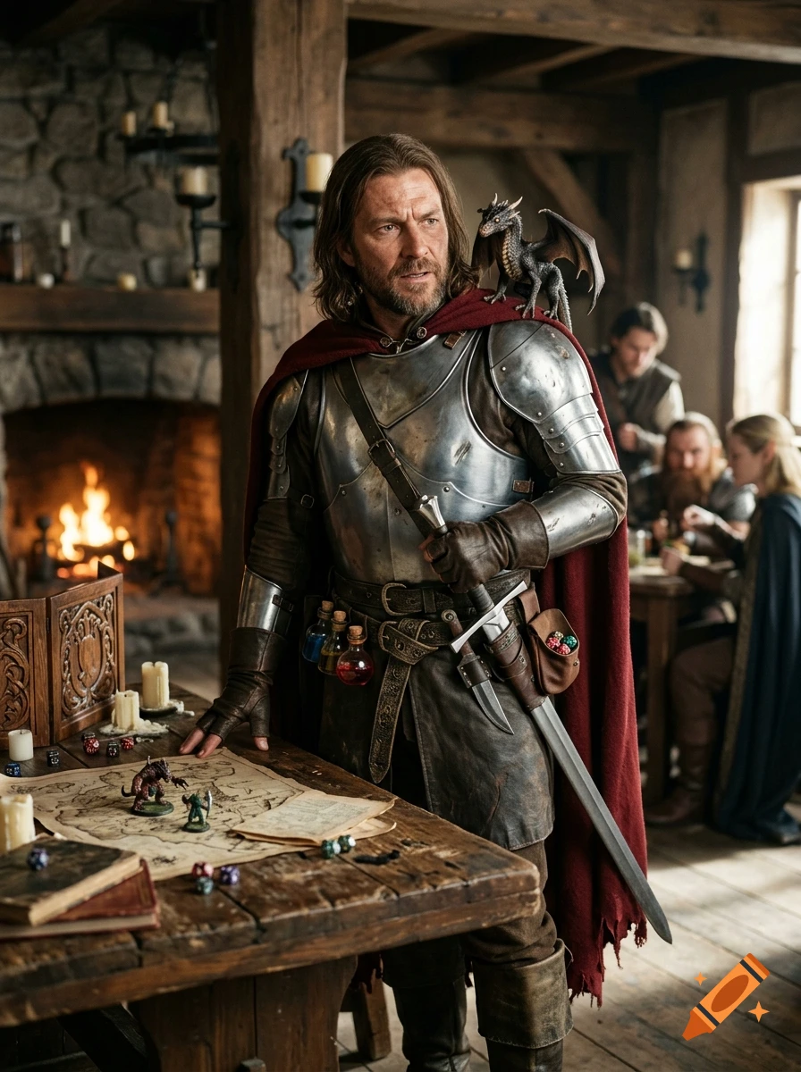 Photorealistic scene of a human knight in armor with a small dragon on his shoulder standing beside a tavern table playing Dungeons and Dragons.