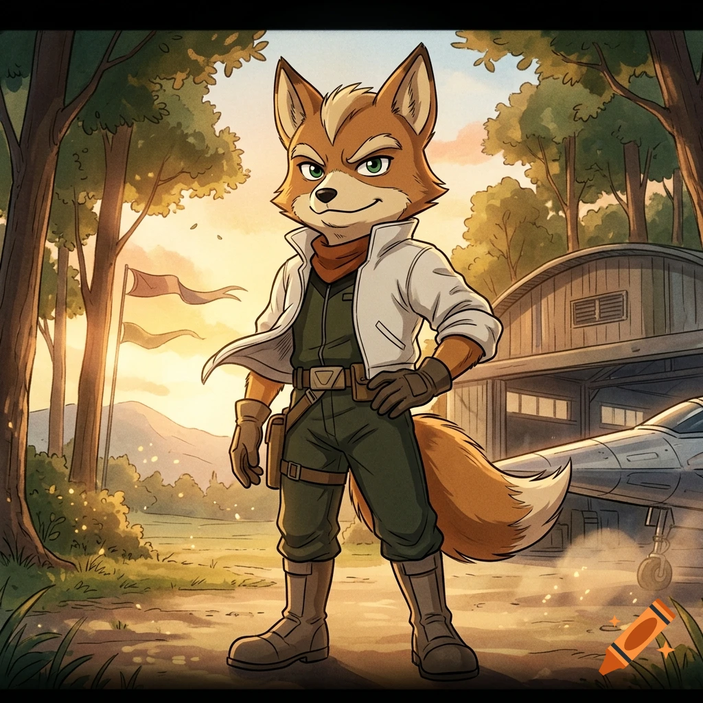 An anthropomorphic male fox character in a retro 1980s animated cartoon style, standing in front of a hangar and aircraft at sunset.