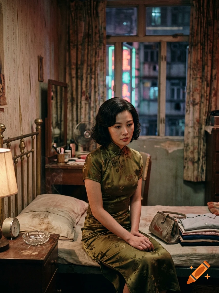 Cinematic photo of a Chinese woman in a green qipao sitting on a bed in a vintage room with a neon-lit window view.