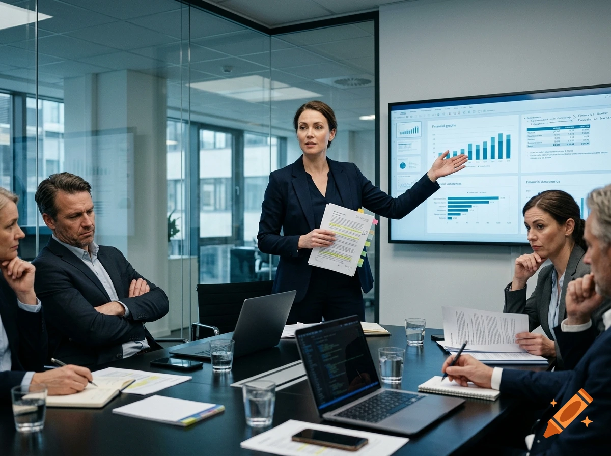 Photorealistic image of a woman presenting data in a modern office boardroom to skeptical colleagues.