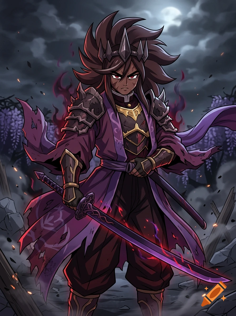 An anime-style illustration of a dark-skinned warrior with spiky brown hair, wearing ornate dark purple and black armor, holding a glowing purple katana.