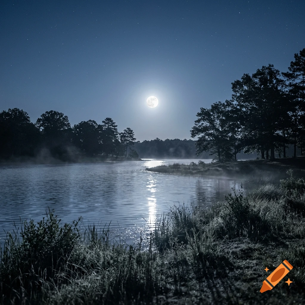 Photorealistic night landscape showing a full moon shining over a calm lake with silhouetted trees and grassy banks.