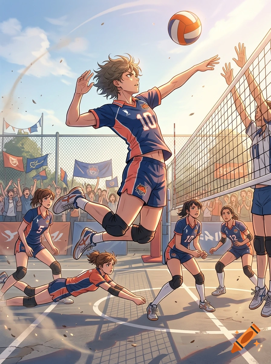 An action-packed anime-style illustration of a volleyball match, featuring players in uniform on an outdoor court.