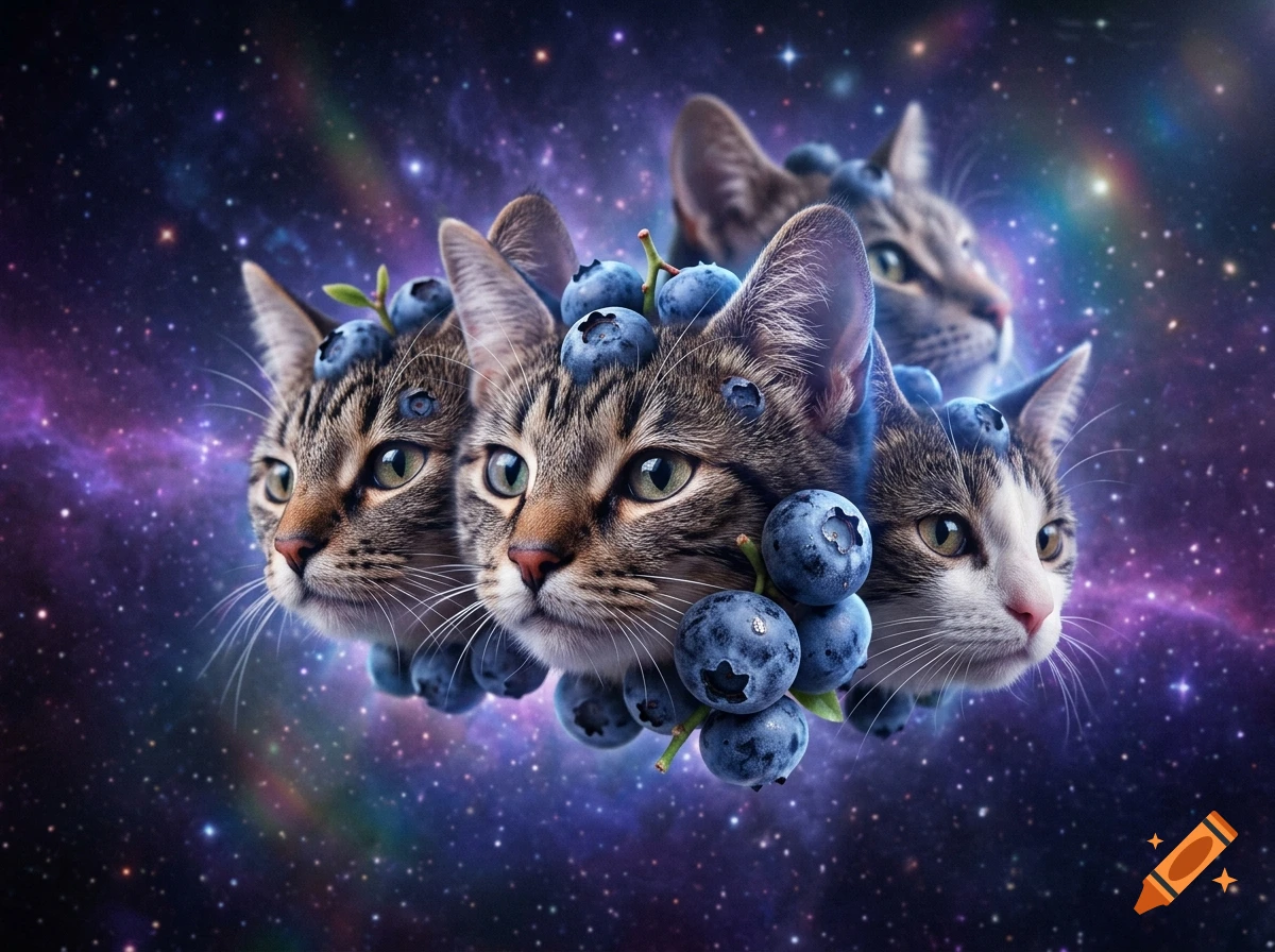 Surreal photorealistic image of cat heads infused with blueberries floating against a starry galaxy background.