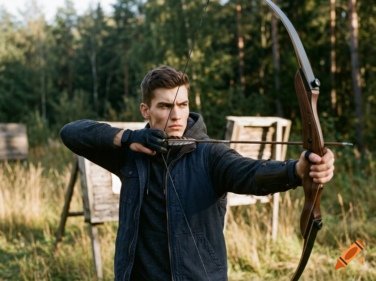 A focused young man drawing a recurve bow in a forest setting, photorealistic.