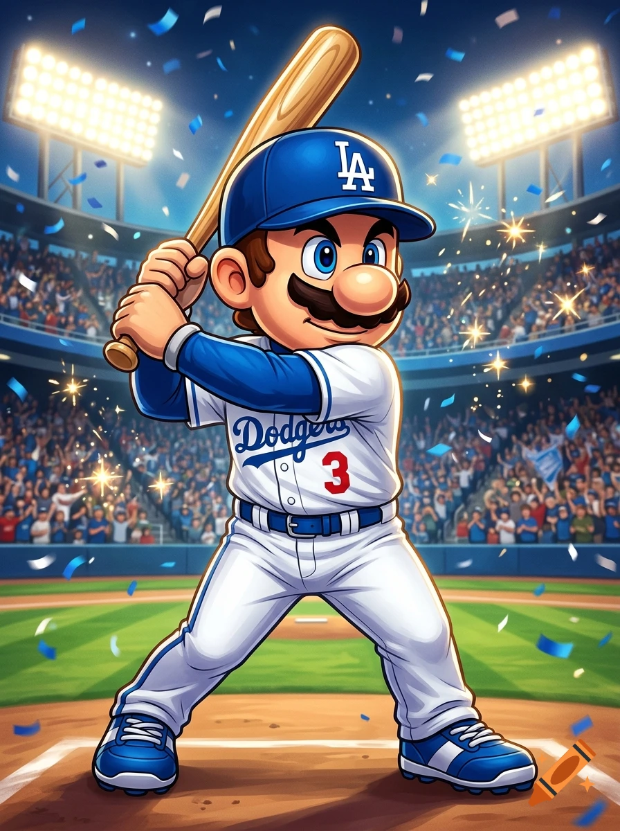 Super Mario character dressed in a Los Angeles Dodgers baseball uniform holding a bat at home plate in a crowded stadium.