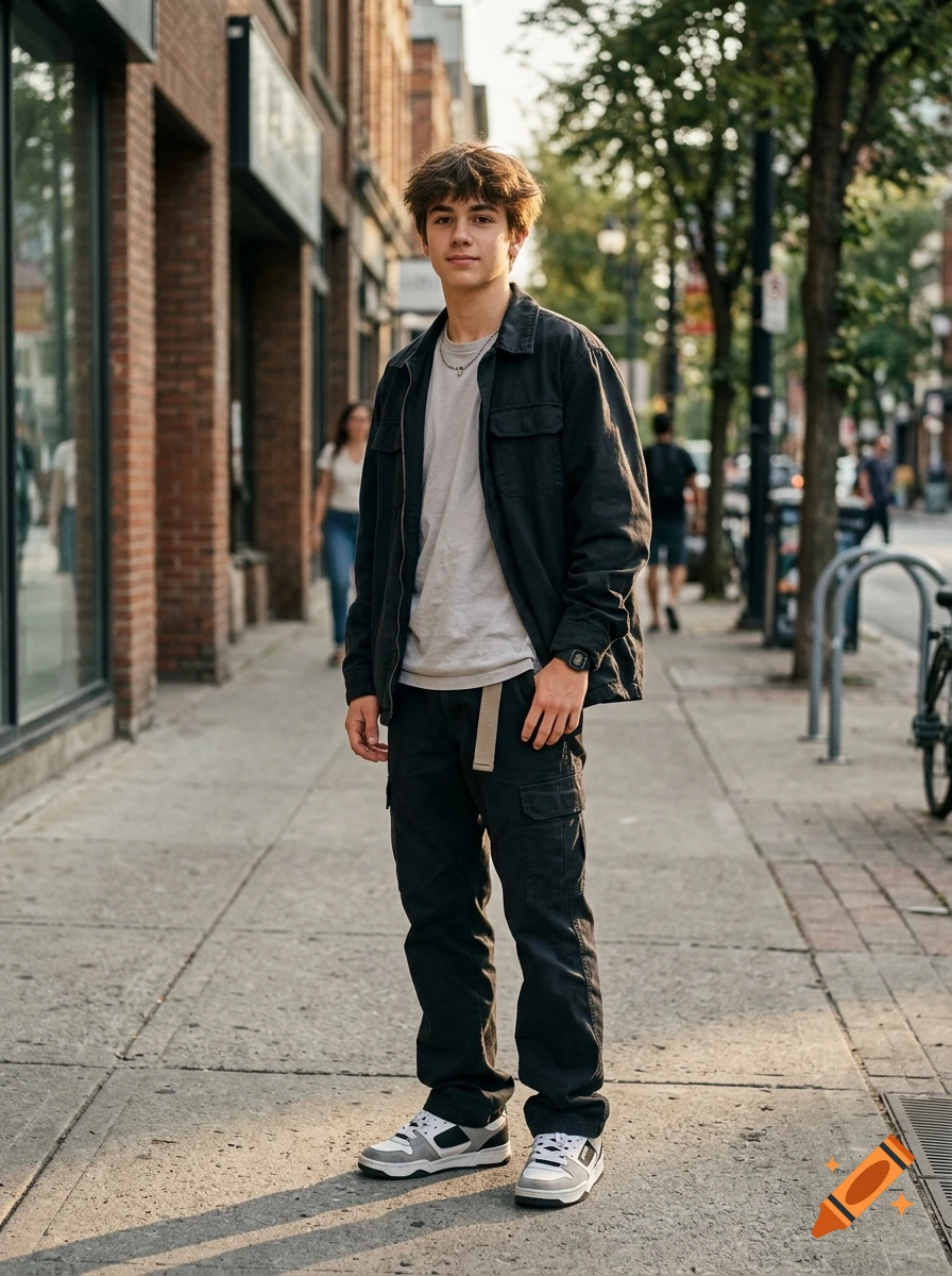 Full-body photograph of a 16-year-old boy with brown hair wearing a dark jacket and cargo pants standing on a city sidewalk.