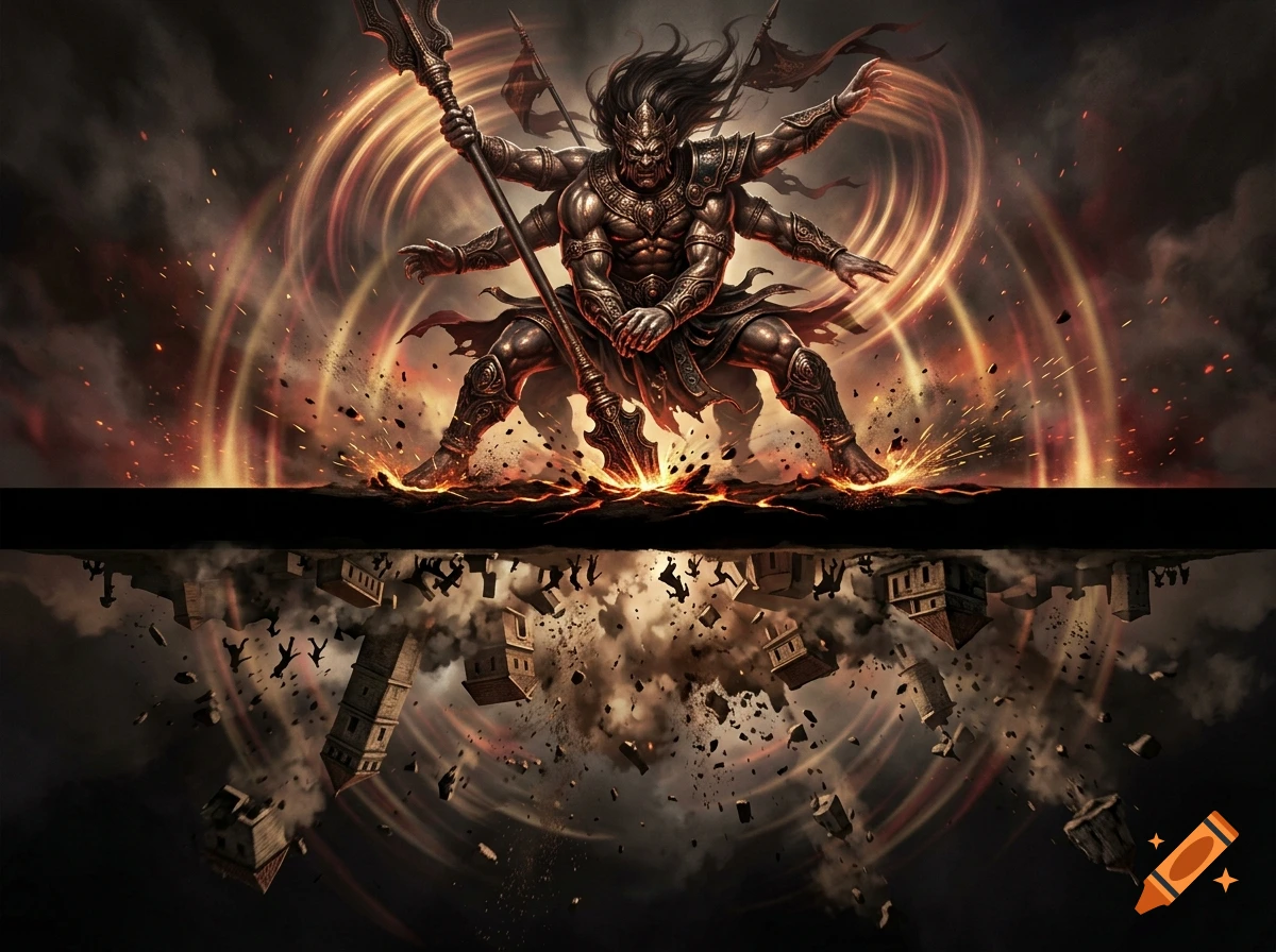 Surreal digital illustration of a multi-armed and multi-legged war god standing on a glowing earth crust, with a destroyed upside-down city below.