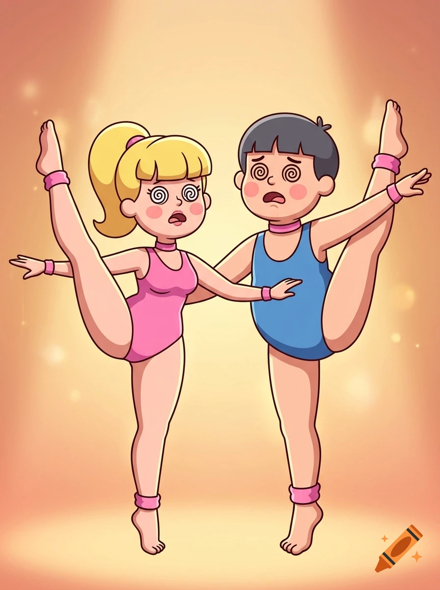 Cartoon illustration of a man and woman in leotards balancing and holding hands with spiral trance eyes.