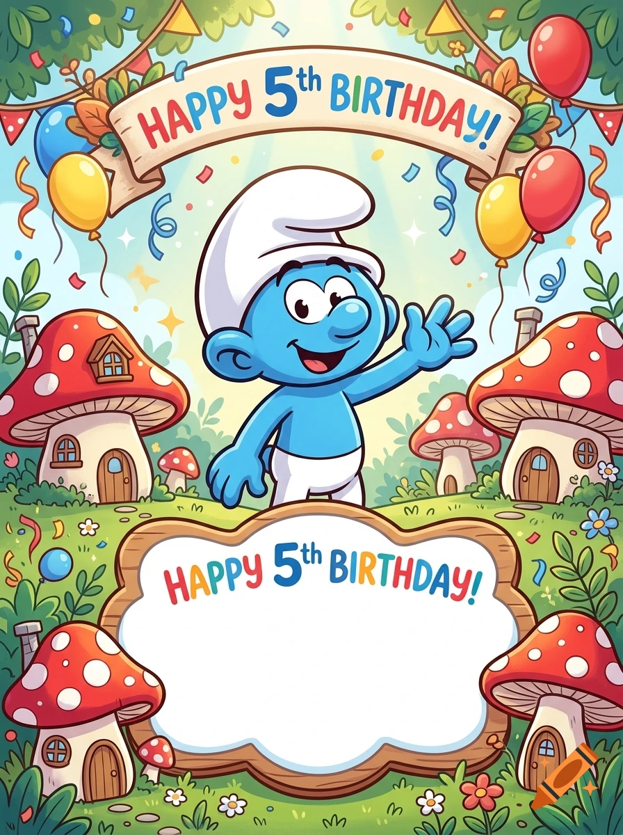 Cartoon illustration of a Smurf waving in front of mushroom houses, with 'Happy 5th Birthday!' banners.