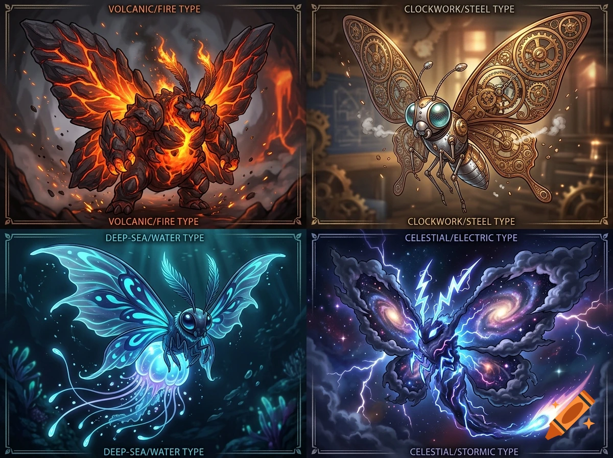 Four digital creature designs of fantasy butterfly fakemon with volcanic, clockwork, deep-sea, and celestial themes.