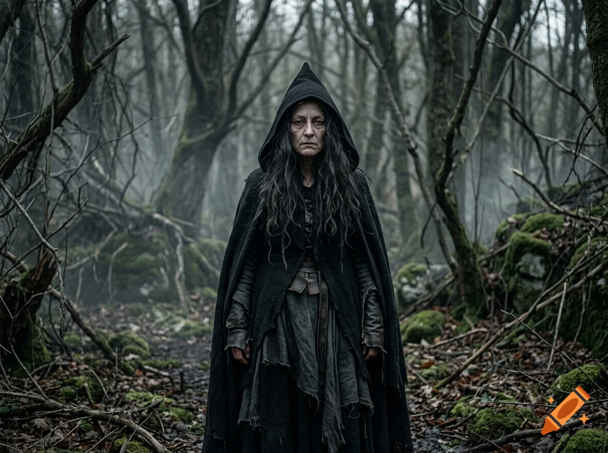 An older woman in a black hooded cloak standing in a dense, misty forest.