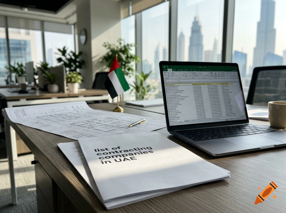 Photorealistic office desk with a laptop displaying a spreadsheet, a UAE flag, blueprints, and a document titled list of contracting companies in UAE.
