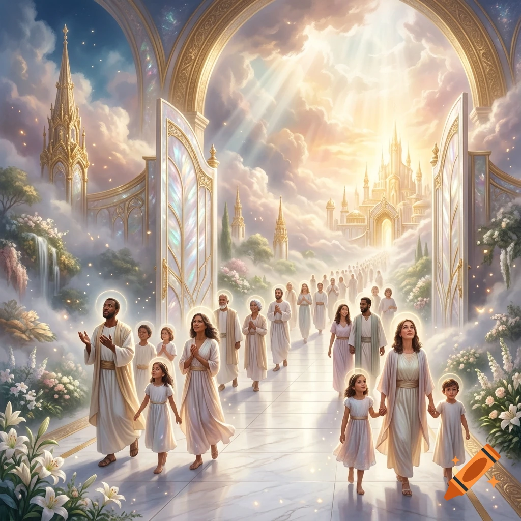 A divine heavenly scene with people in flowing robes walking through grand golden gates toward a glowing castle in the clouds.