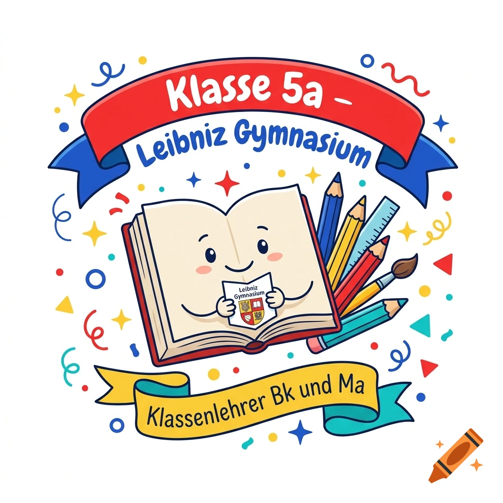 Colorful cartoon clipart featuring a smiling open book holding a mini book, surrounded by pencils, a ruler, and confetti.