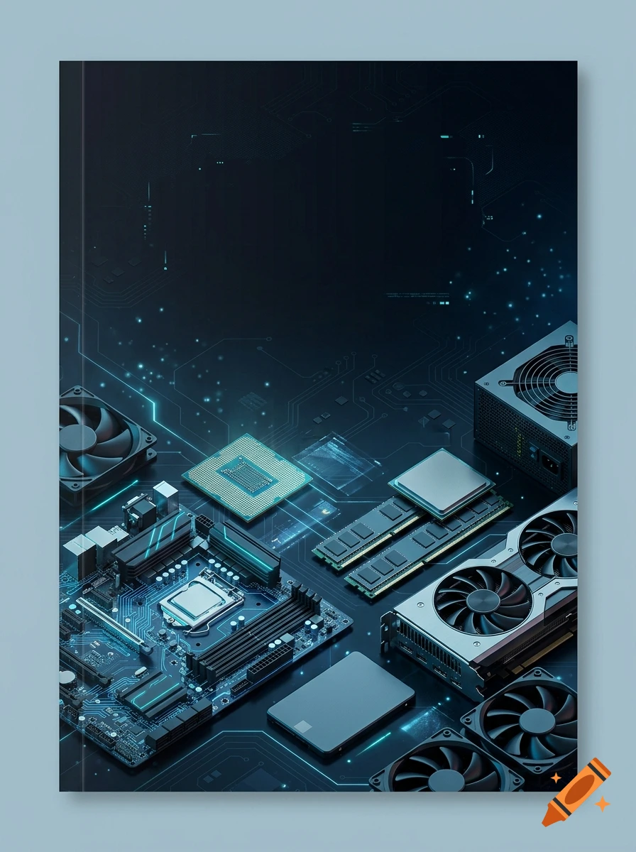 Realistic 3D render of a computer motherboard, CPU, RAM, GPU, SSD, and cooling fans on a dark blue circuit board background.
