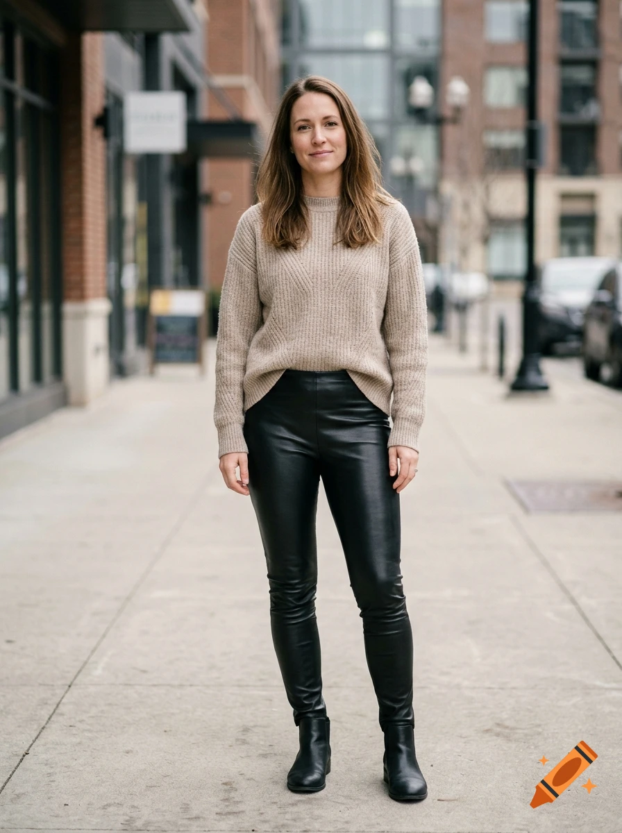 Full-length photorealistic portrait of a woman standing on a city sidewalk wearing a beige sweater and black leather leggings.