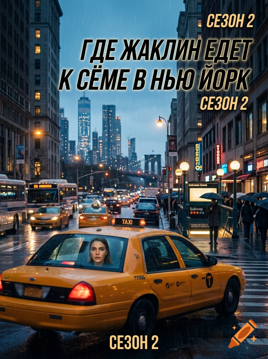A movie poster featuring a yellow taxi in rainy New York City with Russian text overlaid.