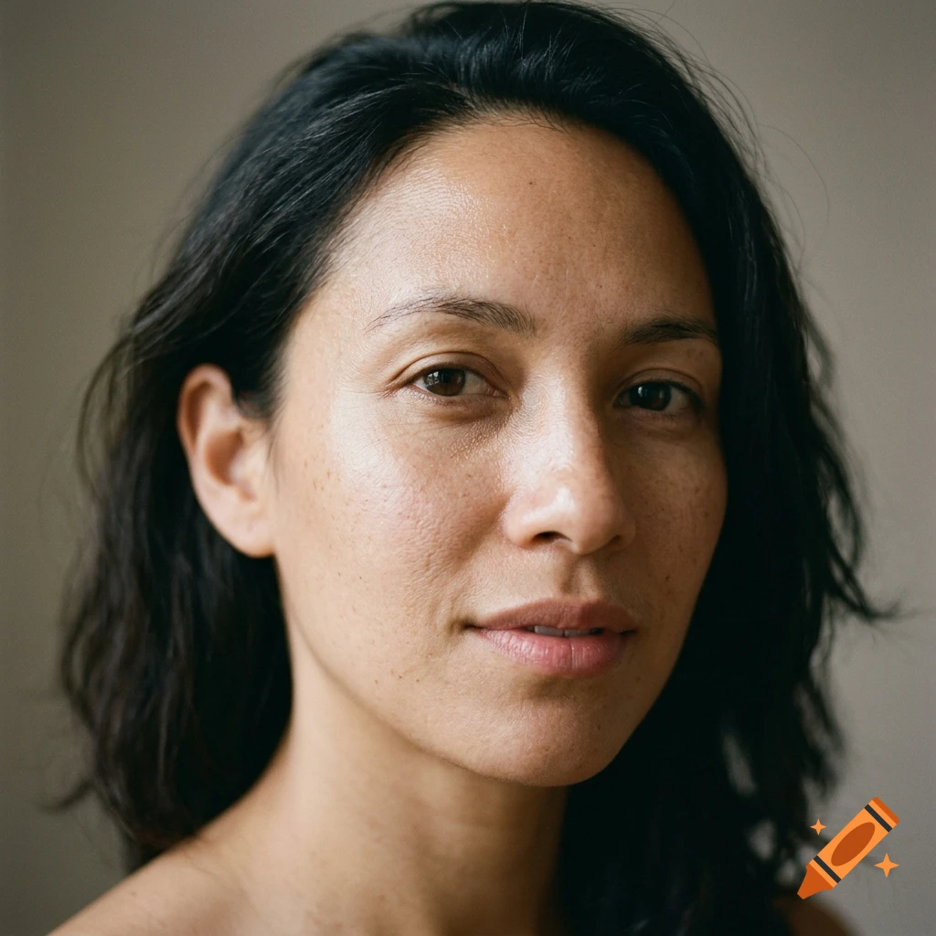 Close-up photorealistic portrait of a woman with dark hair and freckles.
