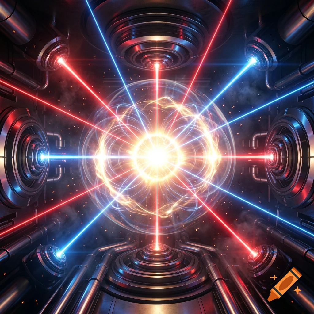 Futuristic laboratory chamber with red and blue lasers converging on a glowing plasma sphere in the center.