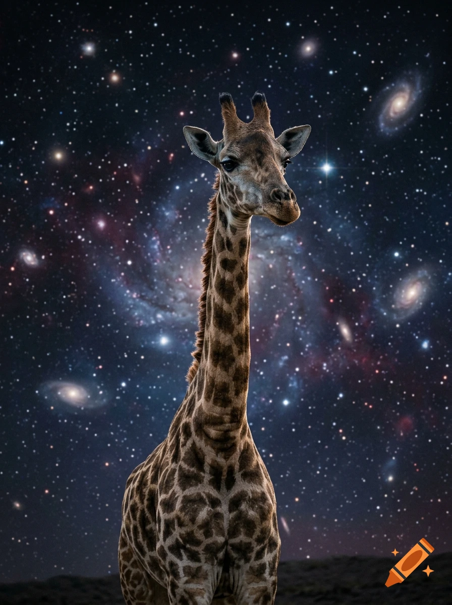 Photorealistic giraffe standing against a backdrop of starry night sky with galaxies and nebulae.