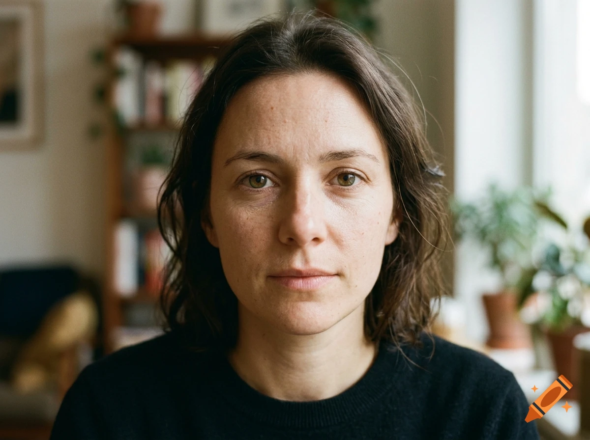 Close-up photorealistic portrait of a woman with dark hair and hazel eyes in an indoor room with bookshelves.