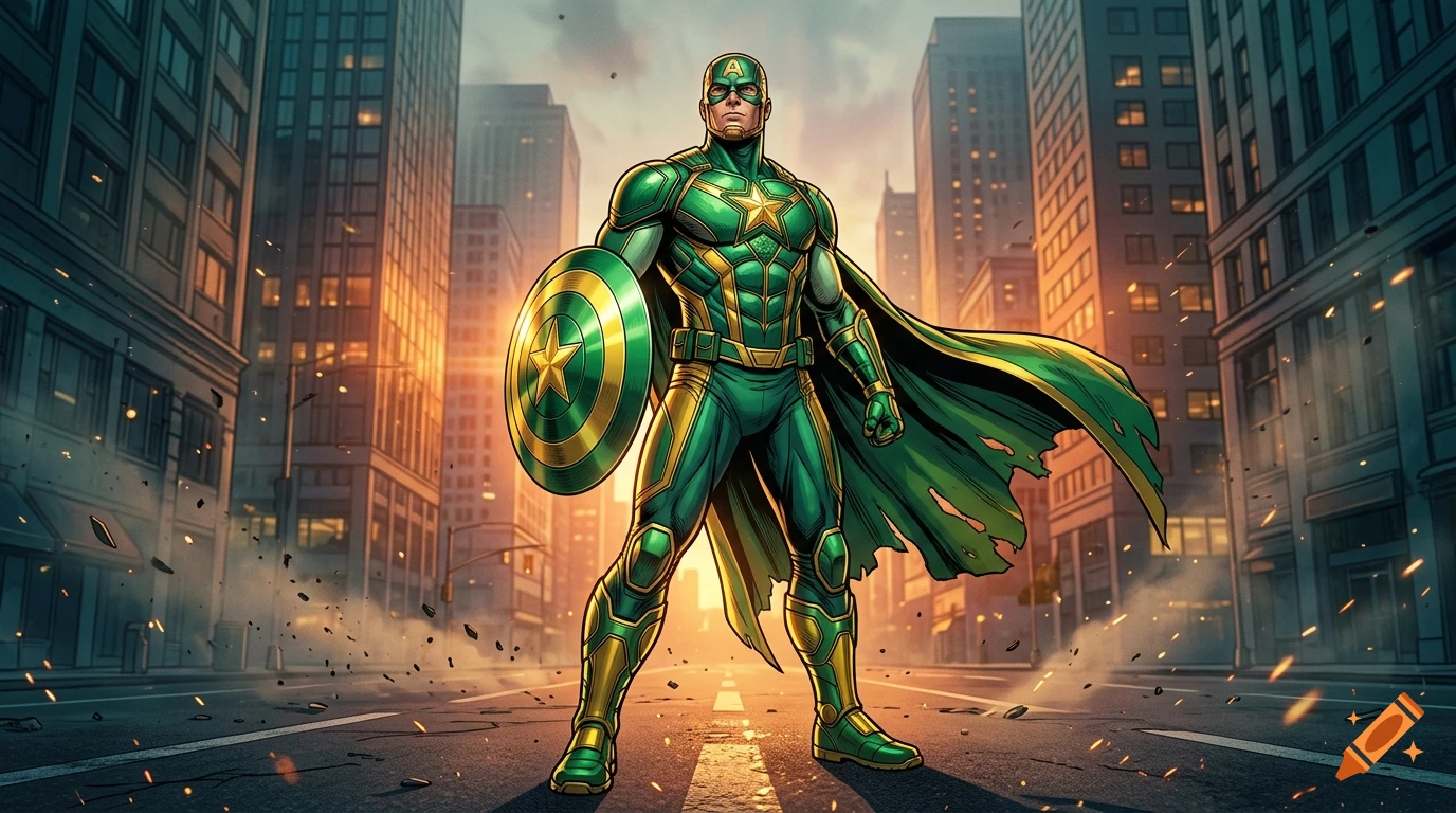 Comic-book style illustration of a patriotic superhero in green and gold armor with a matching shield, standing in a city at sunset.