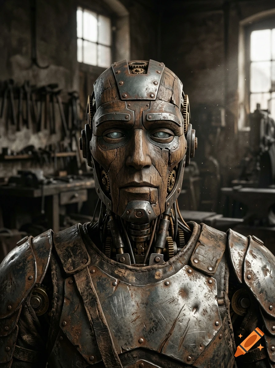Close-up portrait of a warrior automaton made of weathered wood and metal in a workshop.