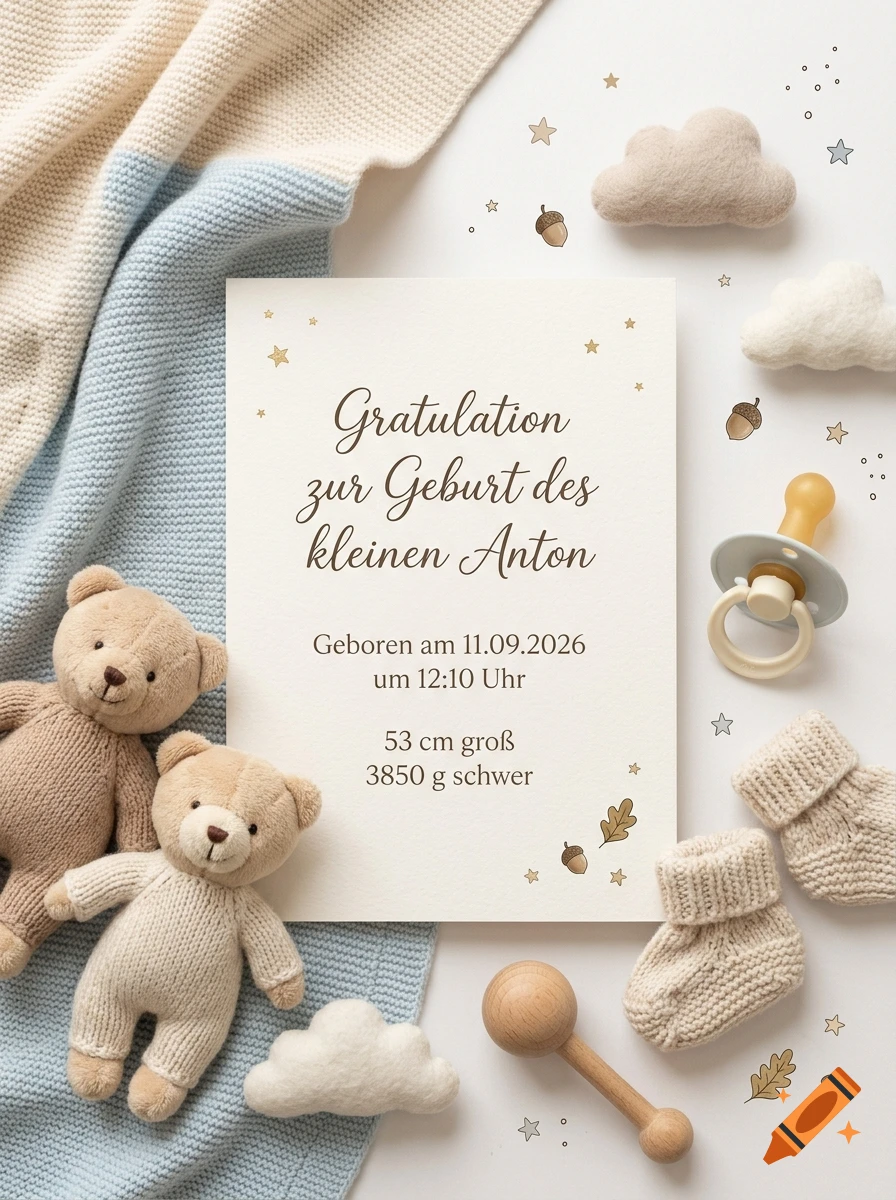 Baby birth announcement card with teddy bears, pacifier, and baby booties on a knitted blanket background.