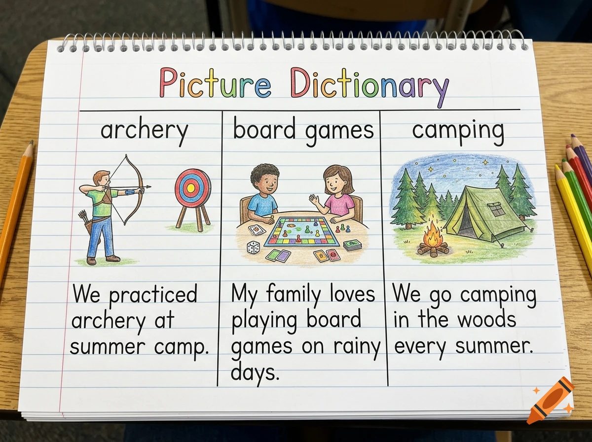 Hand-drawn picture dictionary page in a notebook showing vocabulary words archery, board games, and camping with illustrations and sentences.