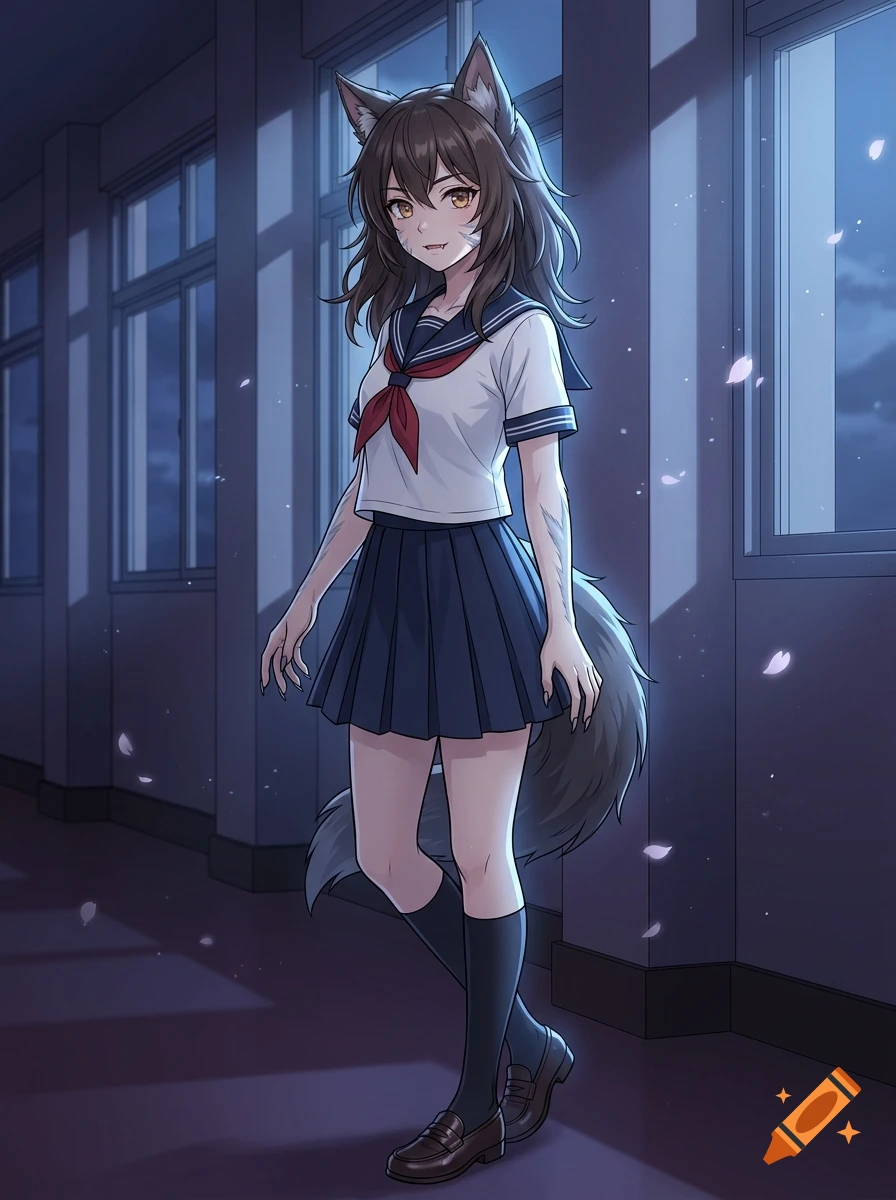 Anime illustration of a cute wolf-girl student with medium-length brown hair, animal ears, and a tail, wearing a Japanese school uniform in a hallway.