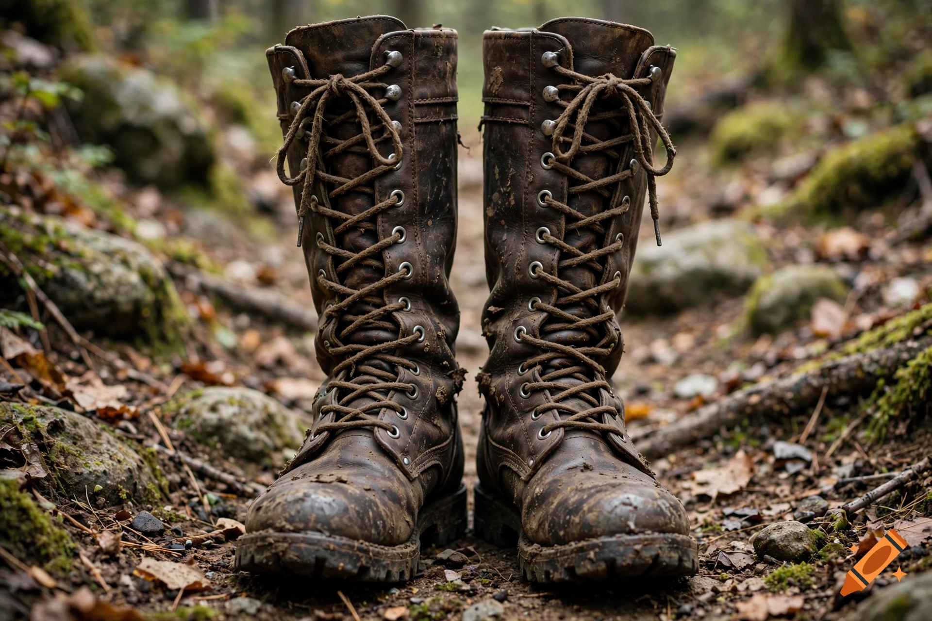 Photorealistic close-up of a pair of muddy, weathered leather knee-high boots on a forest trail.