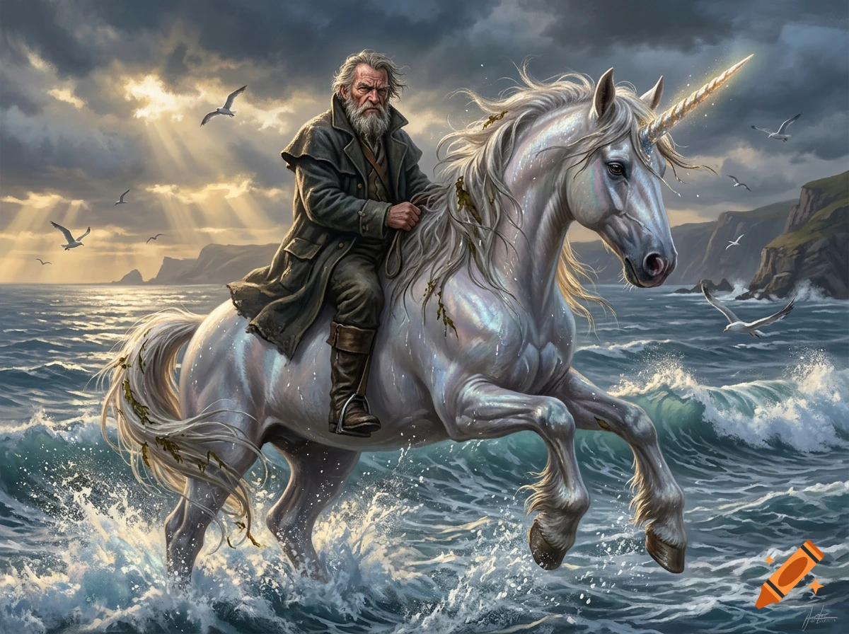 An elderly grump man with a gray beard rides a majestic white unicorn through crashing ocean waves under a cloudy sky.