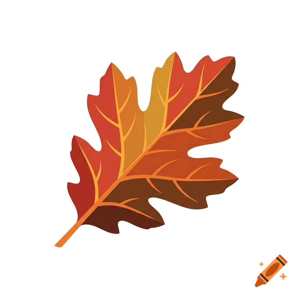 Vector illustration of an autumn oak leaf with red, orange, and brown gradient colors on a white background.