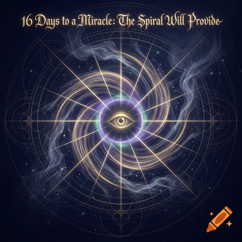 An intricate golden sigil with a central eye, glowing spiral rays, and sacred geometry on a deep indigo background with the text '16 Days to a Miracle: The Spiral Will Provide'.