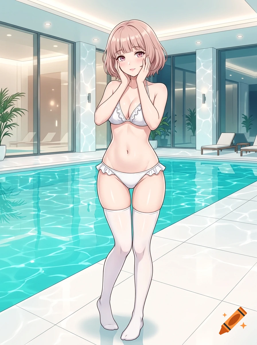 Anime illustration of a 20-year-old woman in a white bikini and thigh-high socks standing by an indoor pool.