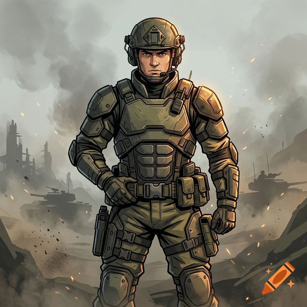 2D digital illustration of a futuristic soldier in tactical armor standing in a war-torn landscape with tanks.