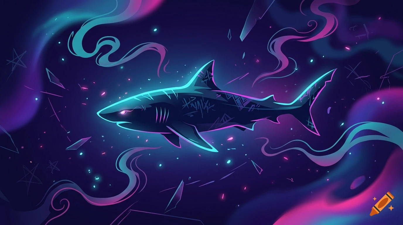 Glowing neon shark swimming through a cosmic space background with colorful nebulas and abstract symbols in the style of League of Legends.