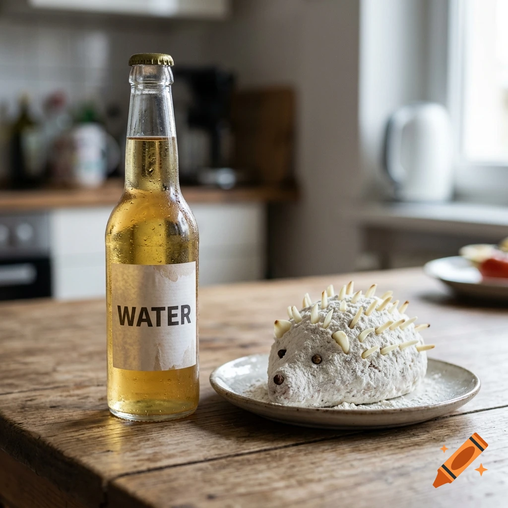 A glass bottle labeled 'WATER' filled with a yellow liquid and a hedgehog-shaped pastry dusted with powdered sugar and almond slivers on a plate sit on a wooden kitchen table.