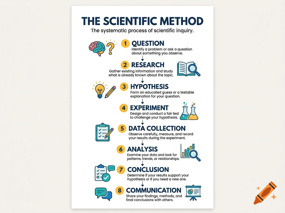 An educational infographic titled 'The Scientific Method' detailing the eight steps from question to communication with icons.