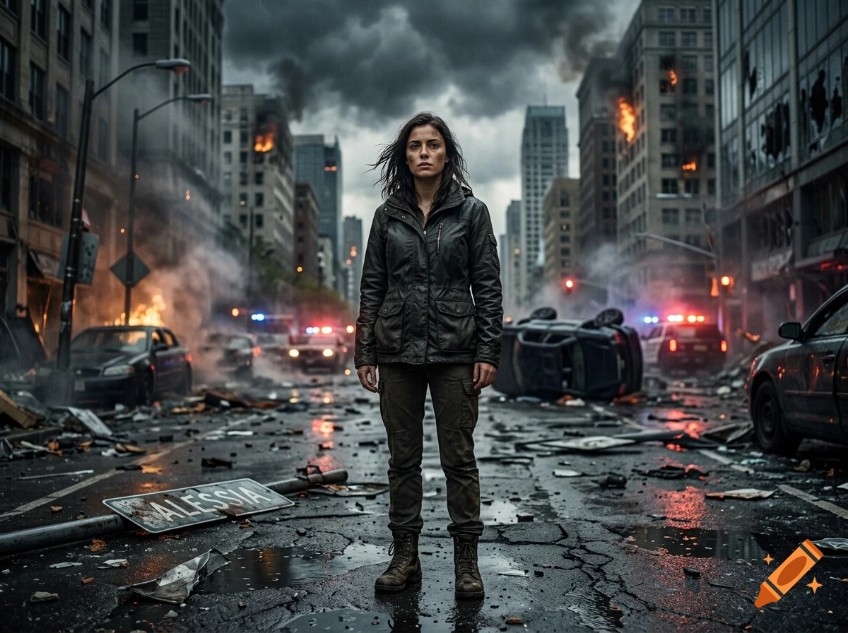 Photorealistic scene of a woman standing in the middle of a devastated, smoking city street with police cars and fires.