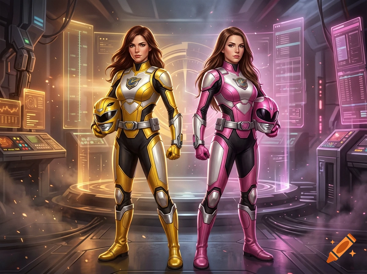 Two female Power Rangers in yellow and pink suits posing in a futuristic control room, holding their helmets.