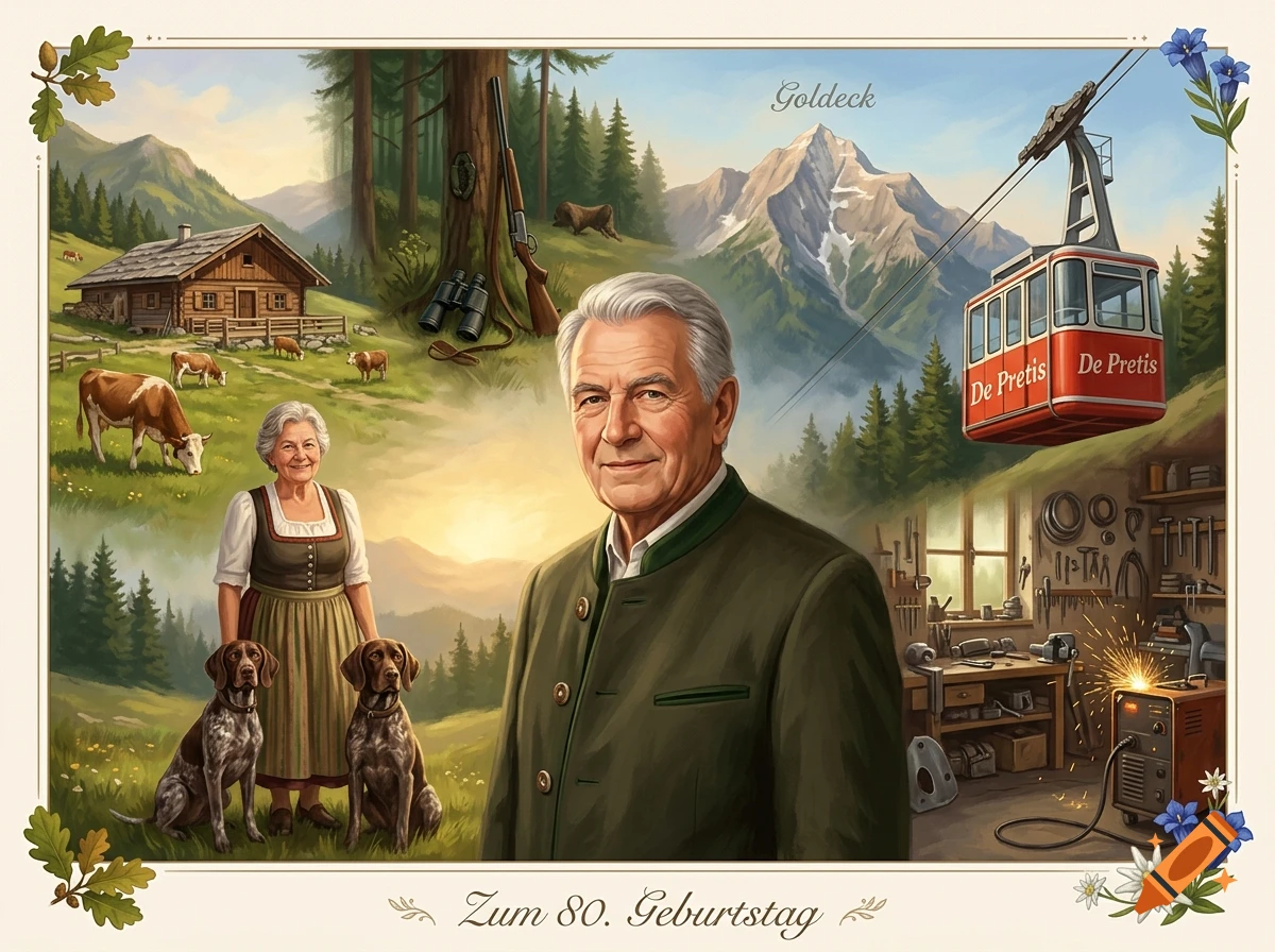 Digital illustration featuring a smiling older man in an alpine jacket, surrounded by scenes of mountains, a hut, a cable car, and family.