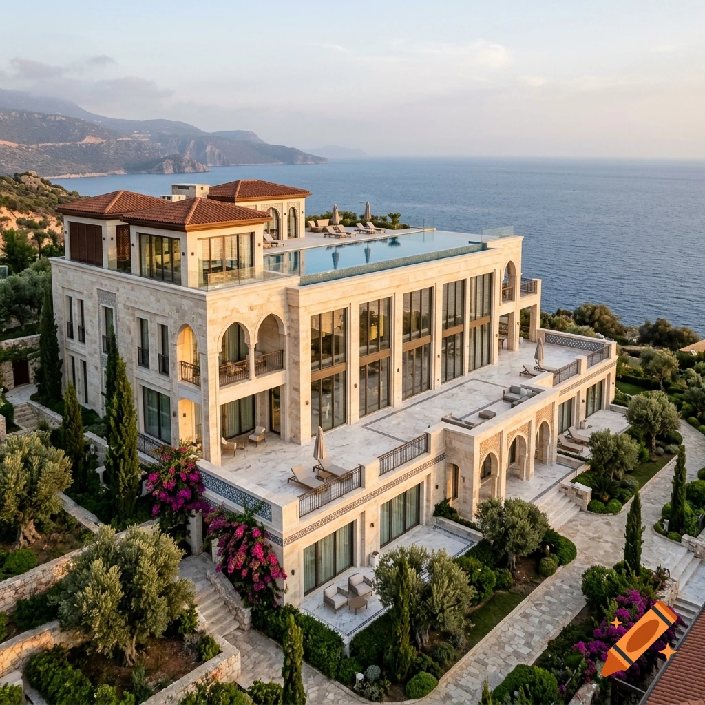 Aerial view of a luxury modern Mediterranean hotel with a rooftop pool overlooking the sea.