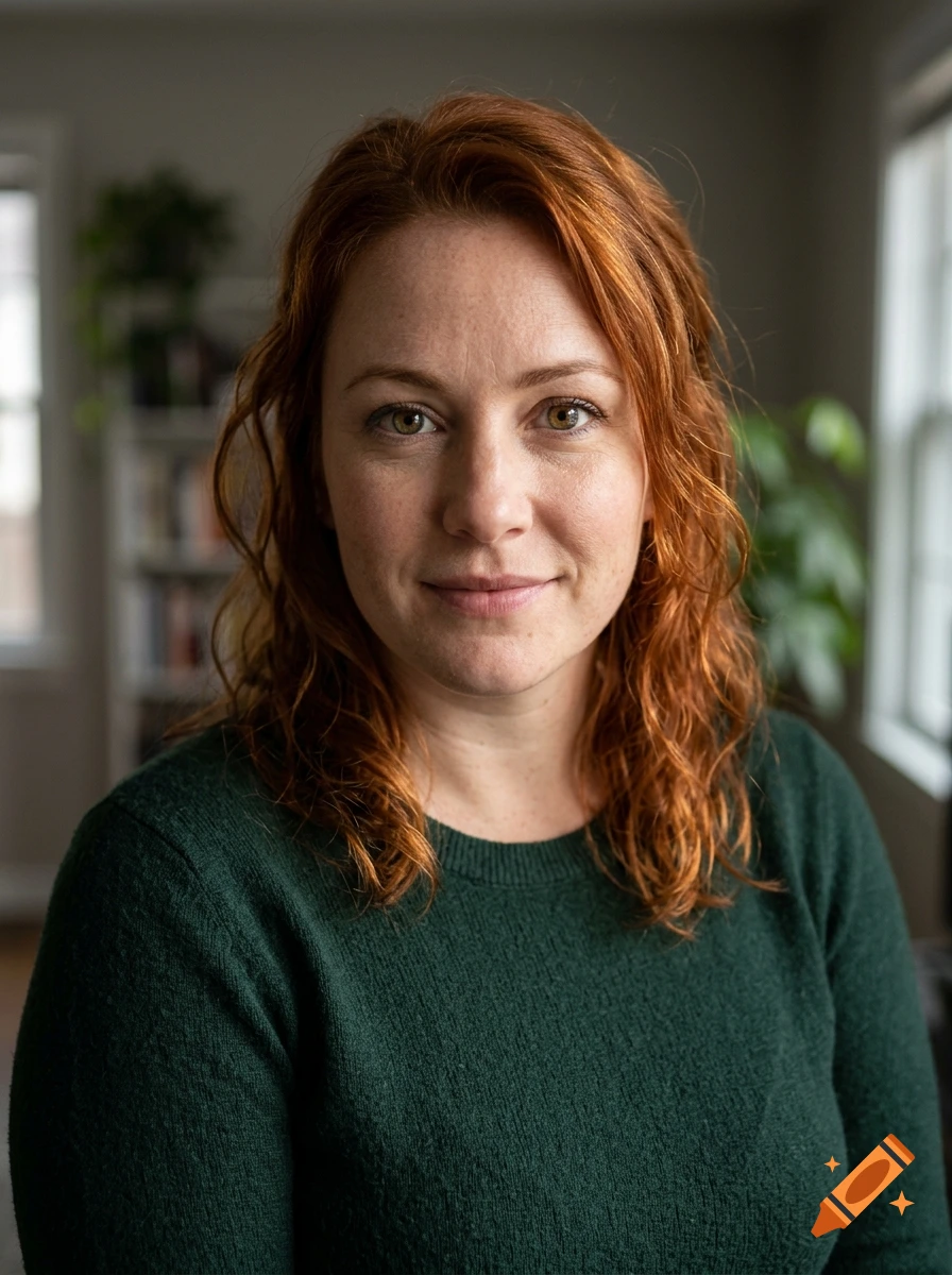 Photorealistic portrait of a woman with red hair and a green sweater, indoors.