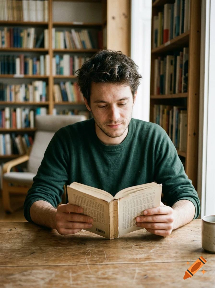 A young man with dark hair reading a book at a wooden table in front of a bookshelf, photorealistic style.