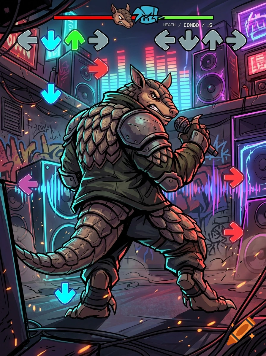 Digital illustration of an anthropomorphic armadillo hybrid performing in a rhythm game setting with neon lights and speakers.