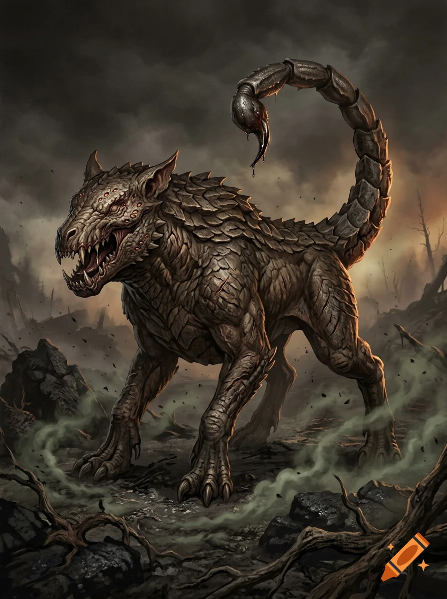 Grimdark digital art of a quadruped monster with scales, canine-lizard head, and a scorpion tail in a desolate landscape.