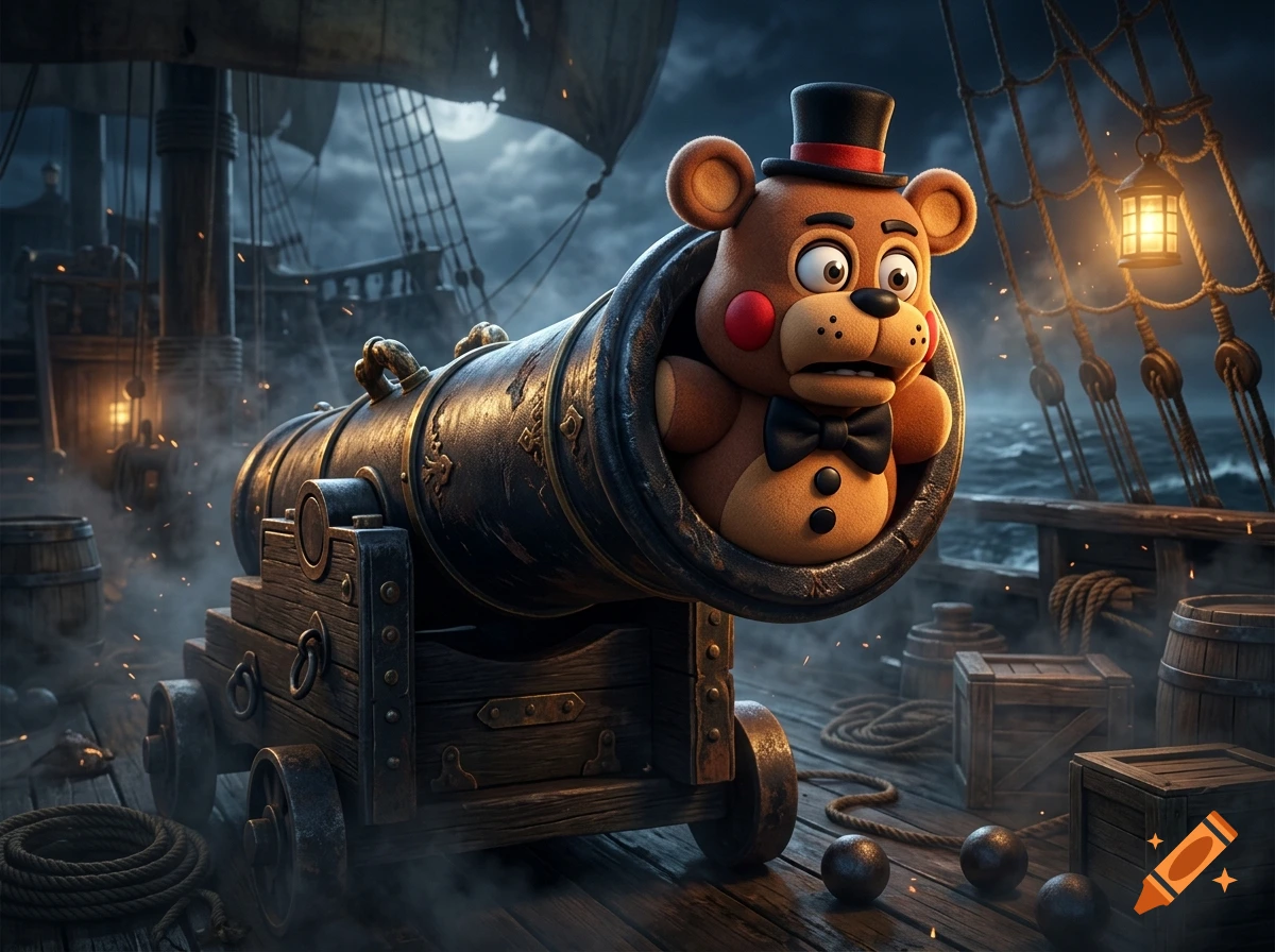 A stylized Toy Freddy animatronic stuffed inside a black pirate ship cannon on a wooden deck.