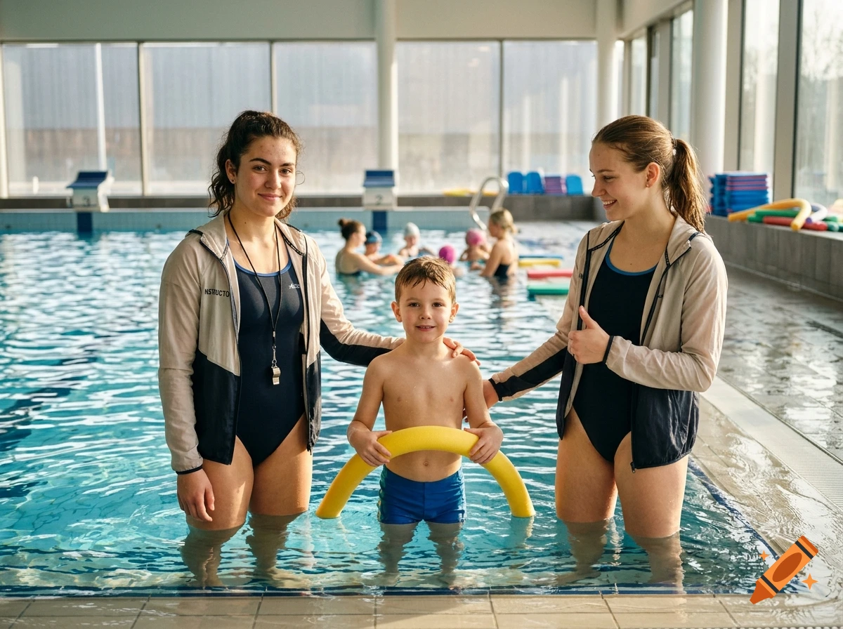 Photorealistic image of two female swimming instructors and a young boy standing in an indoor swimming pool.